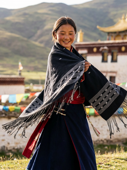 不丹婦女手工織製麻綿黑色大圍巾披肩款 酷款