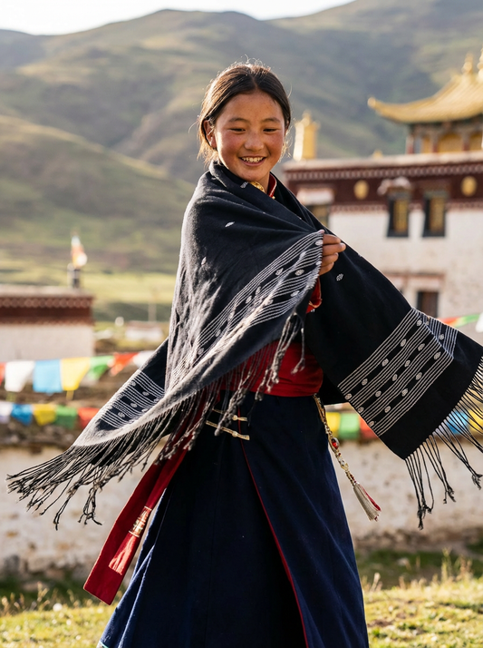 不丹婦女手工織製麻綿黑色大圍巾披肩款 酷款